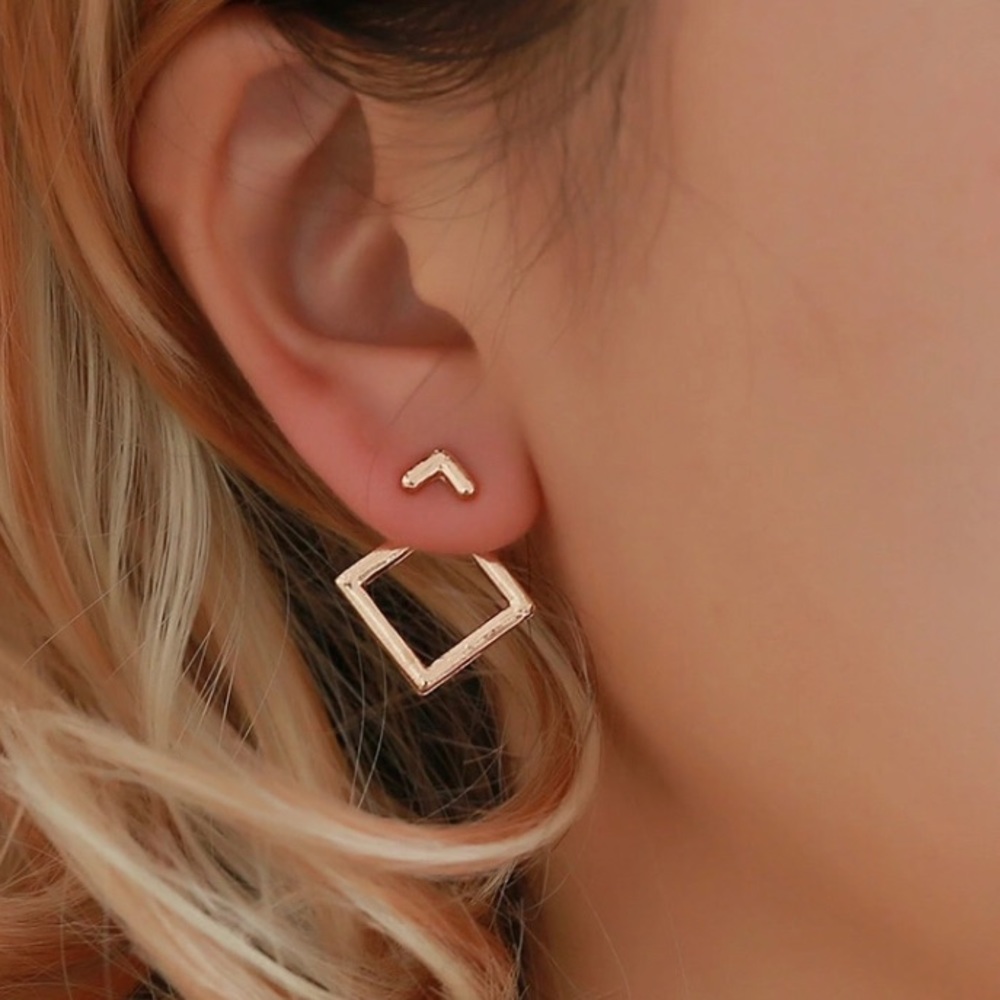 Gold square ear jacket earring, place behind ear